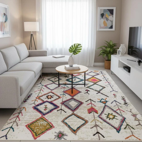 Krem Çok Renkli Boho Motifli Dijital Baskılı Halı – Kaymaz Tabanlı, Geometrik Modern Desenli Salon ürün görseli 1