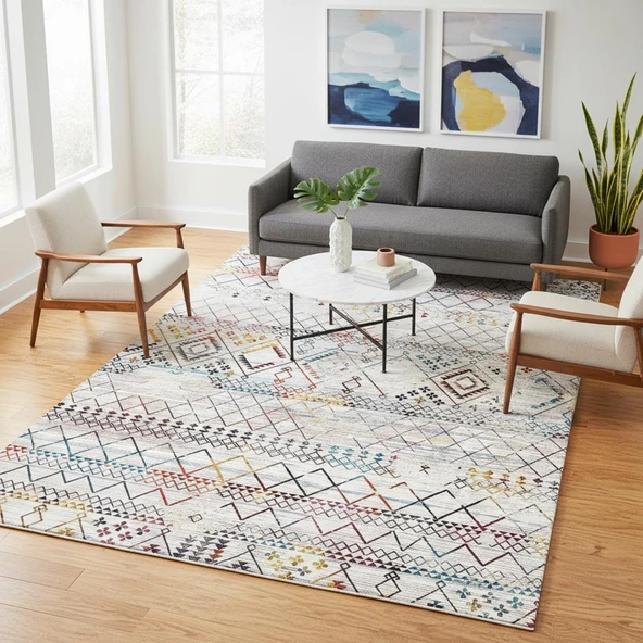 Krem ve Çok Renkli Etnik Desenli Dijital Baskılı Halı Kaymaz Tabanlı, Modern Boho Çizgili Salon ve ürün görseli 1