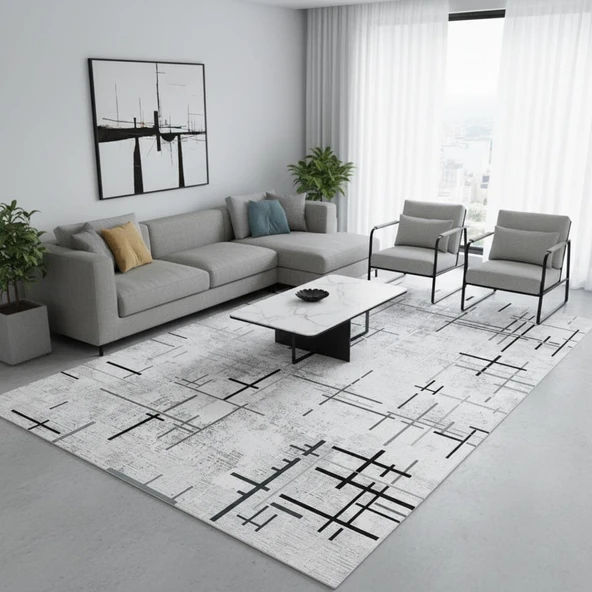 Gri Beyaz Soyut Çizgili Dijital Baskılı Halı – Kaymaz Tabanlı, Modern Minimal Desenli Salon Ev ve ürün görseli 1