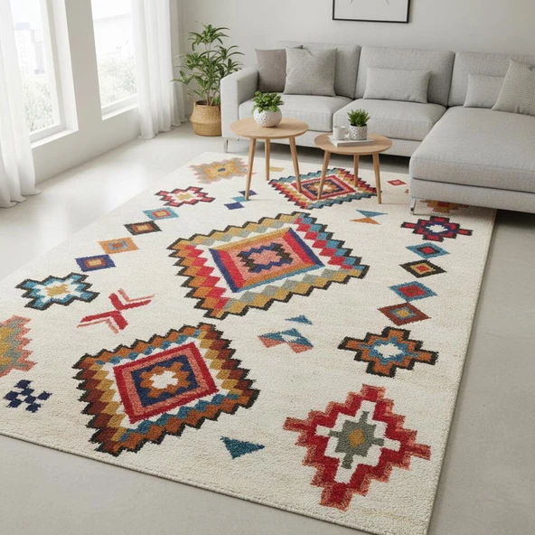 Krem ve Renkli Etnik Desenli Dijital Baskılı Halı Kaymaz Taban Modern Boho Tarz Salon Oda Halısı ürün görseli 1