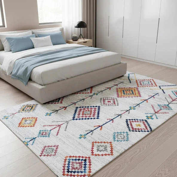Krem ve Çok Renkli Boho Motifli Otantik Dijital Baskı Halı – Kaymaz Tabanlı, Geometrik Desenli Taban ürün görseli 1