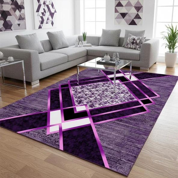 Siyah Lila Modern Geometrik Desenli Dijital Baskılı Halı – Kaymaz Tabanlı, Üçgen ve Elmas Formlu Şık ürün görseli 1