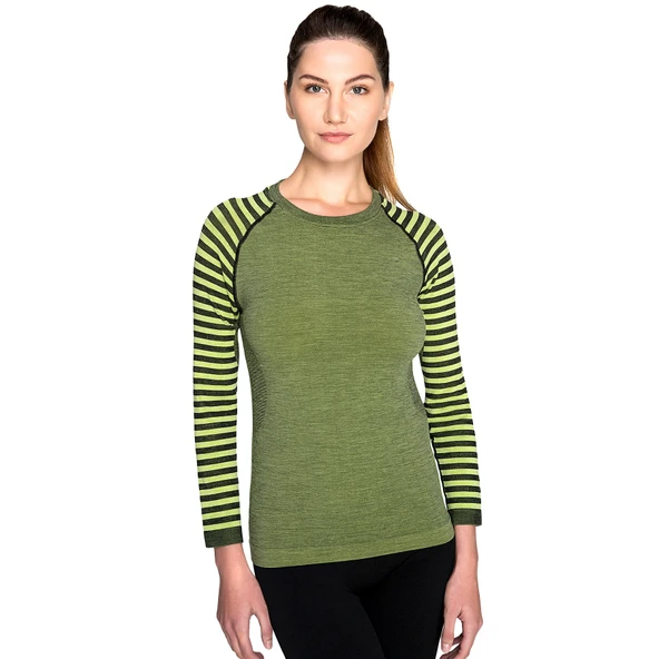 Thermoform Ultimate Merino Kadın Seamless Çizgili Termal Üst İçlik Sweatshirt Yeşil ürün görseli 1