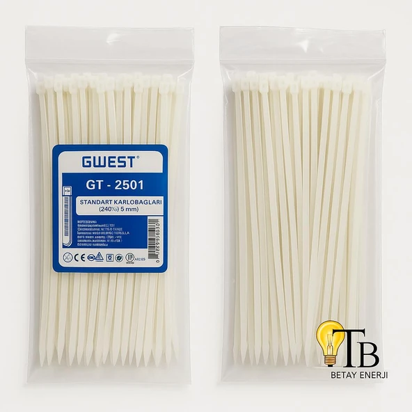GWEST Kablo Bağı 250x3.6 mm  100 Adet Beyaz Plastik Kelepçe Nylon 66 Standart Kablo Bağları ürün görseli 1