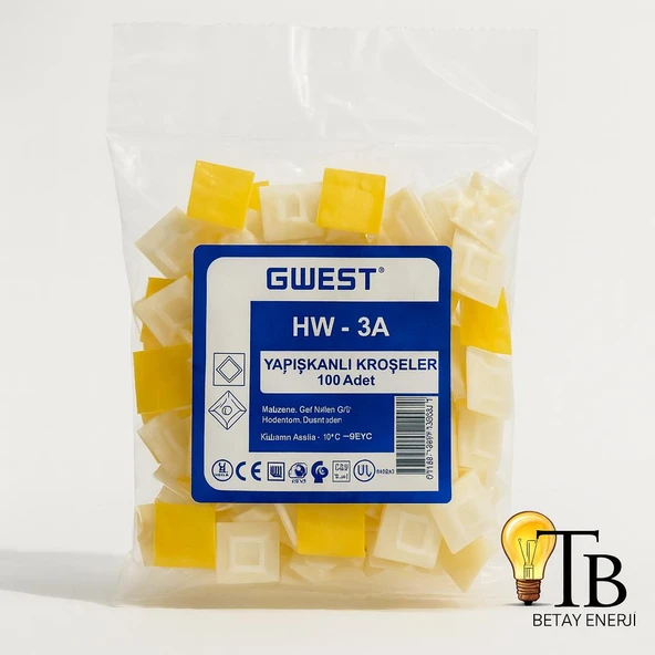 GWEST Yapışkanlı Kroşe HW-3A 100 Adet Kablo Sabitleme Tutucu  Nylon 6.6  Güçlü Yapışkan Taban ürün görseli 1
