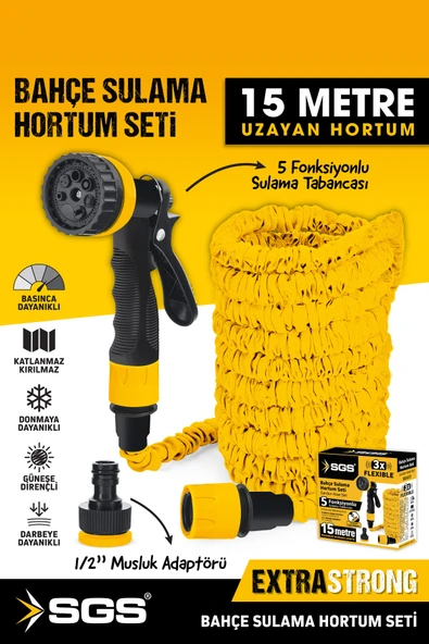 SGS4272 7 Fonksiyonlu 15 Metre Uzayan Bahçe Sulama Araç Yıkama Hortumu ürün görseli 1