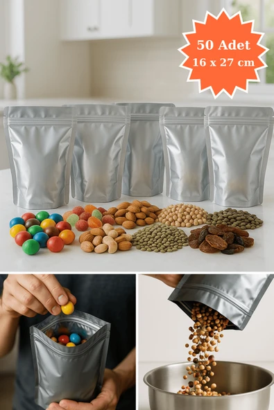 Kilitli Metalize Doypack Kahve Kuruyemiş Bakliyat Kedi Köpek Kuş Yemi Saklama Torbası 16x27 cm 50Li ürün görseli 1