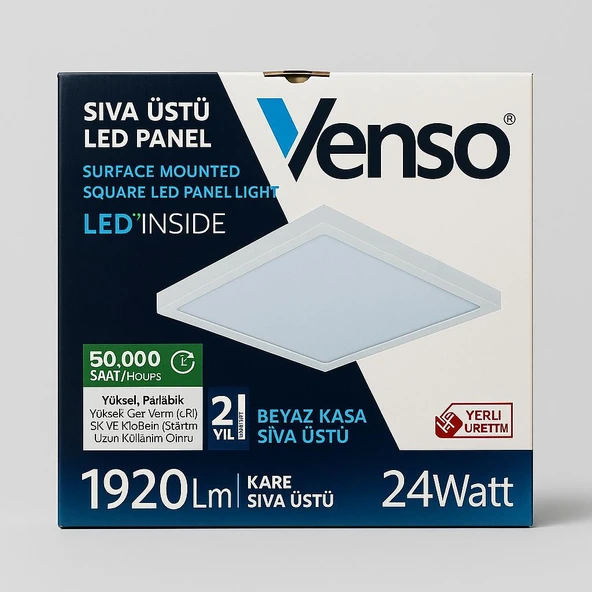 Venso 24W Kare Sıva Üstü LED Panel 6500K Beyaz Işık 1920 Lumen Yüksek Parlaklık, 2 Yıl Garantili ürün görseli 1