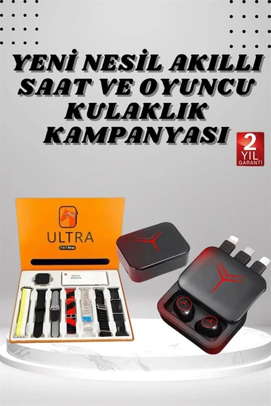 Dijital Göstergeli Powerbank Kablosuz Kulaklık ve 7 Kordonlu Yeni Nesil Akıllı Saat Dokunmatik Kontrol ürün görseli 1