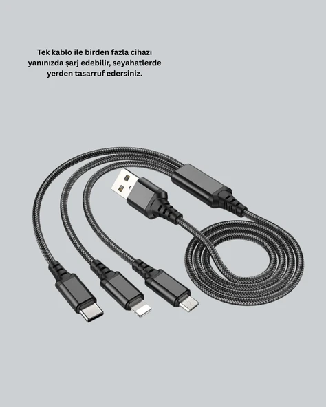 3’ü 1 Arada Hızlı Şarj Kablosu – iOS Android Type-C Uyumlu - Resim 4