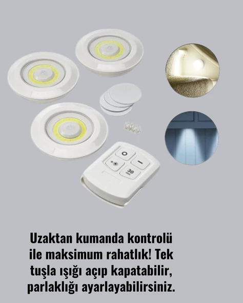 3 Lü Pilli Kablosuz Led Spot Lamba Seti Kumandalı Kolay Montaj Aydınlatma ürün görseli 1