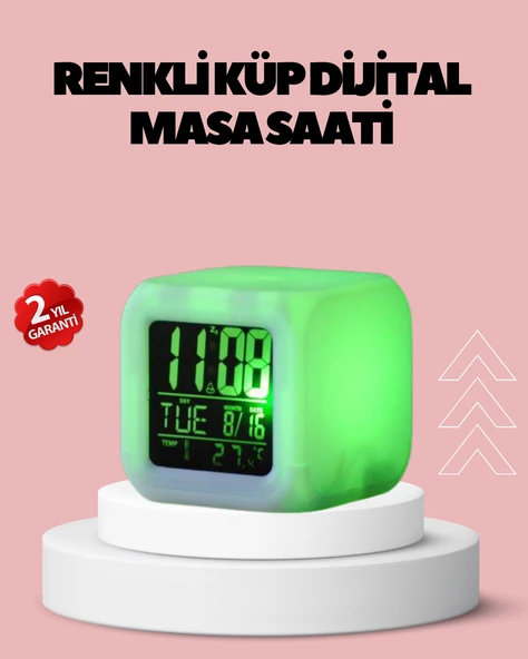 Kronometre ve Takvim Destekli Renk Değiştiren LED Dijital Küp Saat ürün görseli 1
