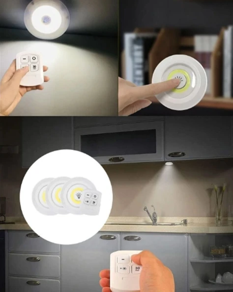 Uzaktan Kumanda İle Kontrol Edilebilen Yapışkanlı 3 Lü Kablosuz Led Spot Lamba ürün görseli 1