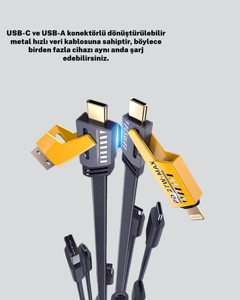 Hızlı Şarj Destekli 65W Örgülü USB-C ve USB-A Çoklu Şarj Kablosu ürün görseli 1