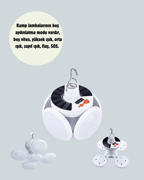 Güneş Paneliyle Şarj Olan Katlanabilir LED Çadır Lambası – 5 Kademeli Aydınlatma ürün görseli 1
