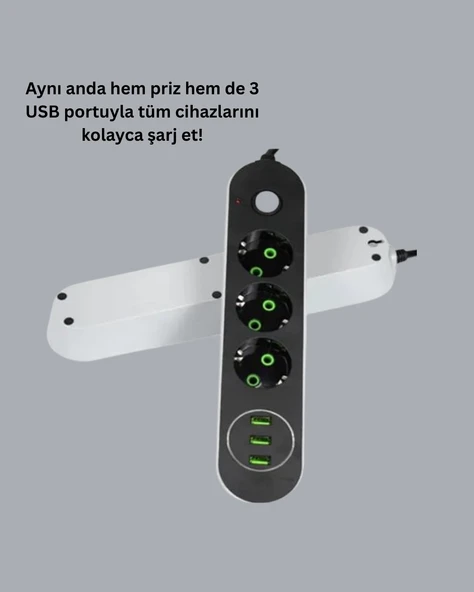 Hızlı Şarj Özellikli 3 USB Girişli Üçlü Priz ürün görseli 1