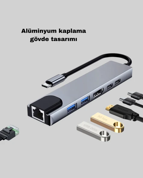 Type-C Çoklu Dönüştürücü – Alüminyum Gövde, Hızlı Veri Aktarımı ve Şarj Desteği ürün görseli 1