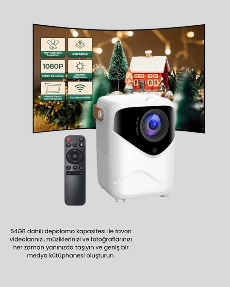 Taşınabilir Akıllı 1080P Projektör – 64GB Hafıza, 2GB RAM, Full HD Görüntü, Kumandalı ürün görseli 1