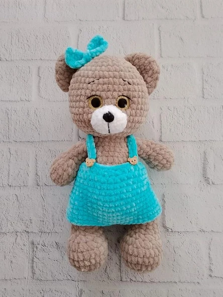 Turkuaz Tulumlu Sevimli Ayıcık Amigurumi Organik Oyuncak ürün görseli 1