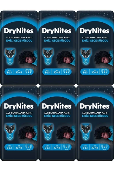 DryNites Emici Gece Külodu/külot Bez Erkek 8-13 Yaş 30-48kg Large 54 Adet 6pk*9 Altıslatmalara Karşı ürün görseli 1