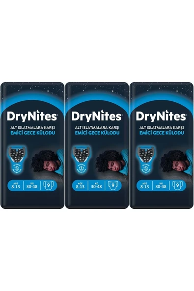 DryNites Emici Gece Külodu/külot Bez Erkek 8-13 Yaş 30-48kg Large 27 Adet 3pk*9 Altıslatmalara Karşı ürün görseli 1