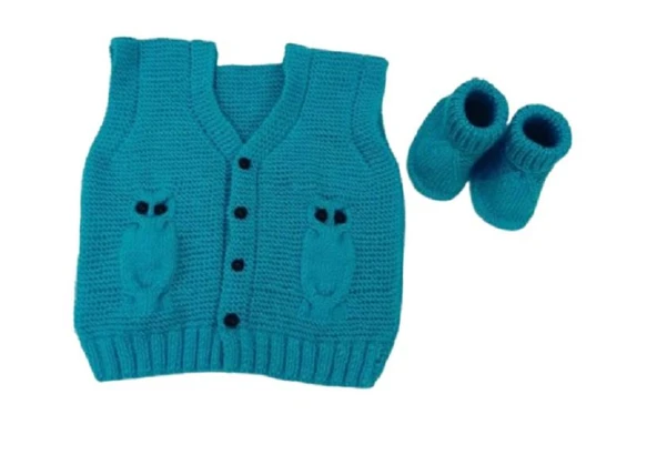 Baykuş Modeli Örgü Mavi Renk Bebek Yeleği ve Patiği ürün görseli 1