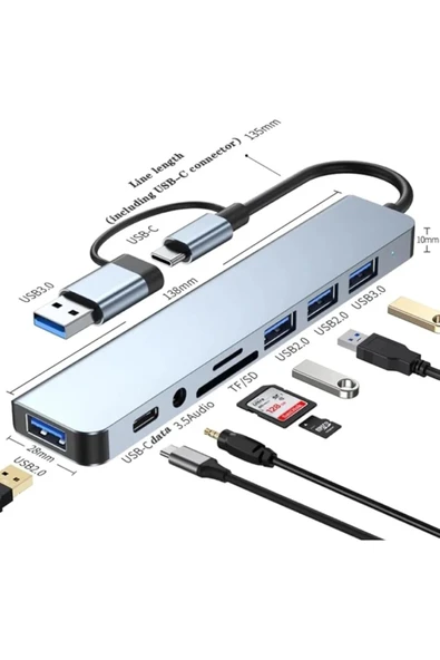 silabor 8 İn 1 Usb type-c usb 2.0/3.0 Audio 3.5 TF SD Çevirici Adaptör Çok Portlu Çoklayıcı Usb Hub ürün görseli 1