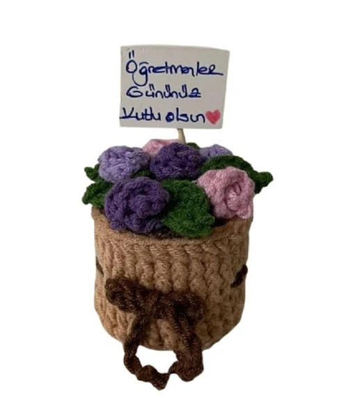 Öğretmenler Günü Hediye Örgü Saksıda Çiçekler ürün görseli 1