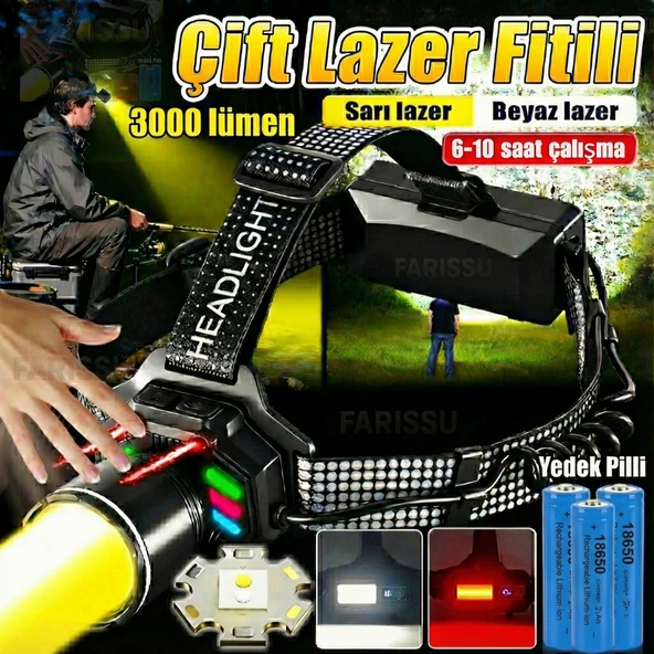 4 Pilli Set! 3000 Lümen Çift Işık (Sarı/Beyaz) Şarjlı Kafa Feneri - Sensörlü, Type-C ve Yedek Pilli ürün görseli 1