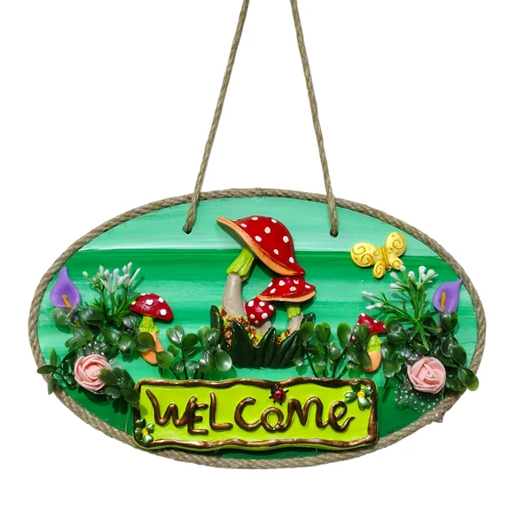 Cıvıl Cıvıl Kapı Girişi Dekoru: Yeşil, Mantarlı ve Çiçekli "Welcome" Yazılı Ahşap Süs ürün görseli 1