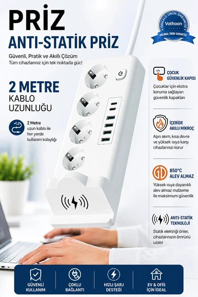 Akım Korumalı Priz ve Masaüstü Şarj İstasyonu Kablosuz 4 Priz ,4 USB, 2 Type-C Girişli 2 Metre ürün görseli 1