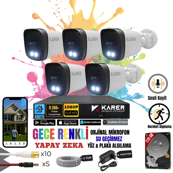 EXİTCAM 5 Kameralı SESLİ-YÜZ ve ARAÇ Tanımalı-GECE RENKLİ-SU GEÇİRMEZ GÜVENLİK SETİ ürün görseli 1