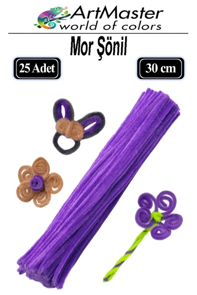 Şönil Mor 30 cm 25 Li 1 Paket Renkli Tüylü Tel Şönil Pipo Temizleyici Okul Öncesi Anasınıfı Kreş Hobi Eğitici ürün görseli 1