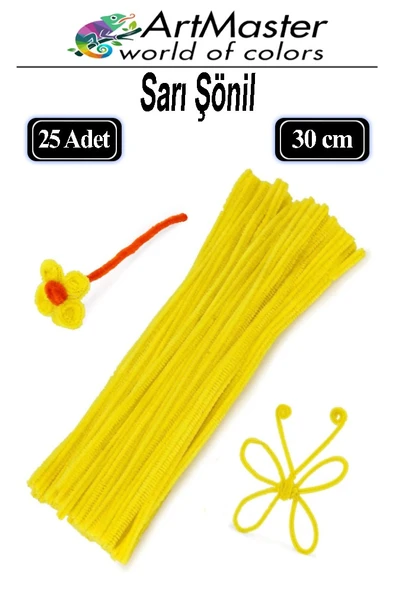 Şönil Sarı 30 cm 25 Li 1 Paket Renkli Tüylü Tel Şönil Pipo Temizleyici Okul Öncesi Anasınıfı Kreş Hobi Eğitici ürün görseli 1