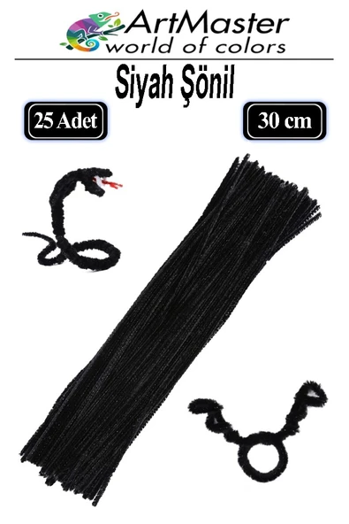 Şönil Siyah 30 cm 25 Li 1 Paket Renkli Tüylü Tel Şönil Pipo Temizleyici Okul Öncesi Anasınıfı Kreş Hobi Eğitici ürün görseli 1