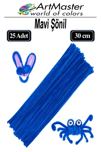 Şönil Mavi 30 cm 25 Li 1 Paket Renkli Tüylü Tel Şönil Pipo Temizleyici Okul Öncesi Anasınıfı Kreş Hobi Eğitici ürün görseli 1