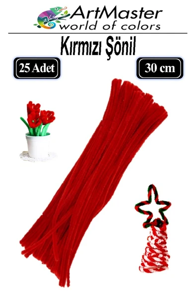 Şönil Kırmızı 30 cm 25 Li 1 Paket Renkli Tüylü Tel Şönil Pipo Temizleyici Okul Öncesi Anasınıfı Kreş Hobi Eğitici ürün görseli 1
