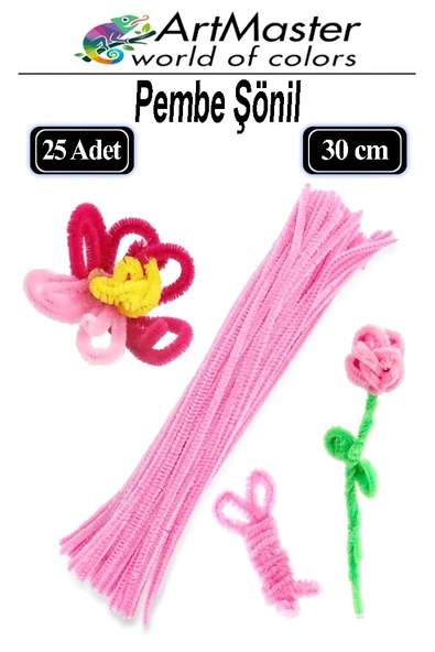 Şönil Pembe 30 cm 25 Li 1 Paket Renkli Tüylü Tel Şönil Pipo Temizleyici Okul Öncesi Anasınıfı Kreş Hobi Eğitici ürün görseli 1