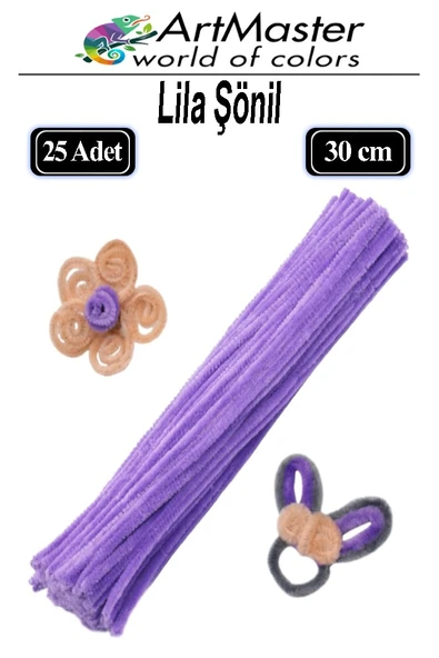 Şönil Lila 30 cm 25 Li 1 Paket Renkli Tüylü Tel Şönil Pipo Temizleyici Okul Öncesi Anasınıfı Kreş Hobi Eğitici ürün görseli 1
