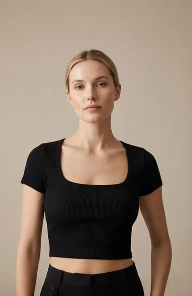 Kadın Siyah Yarım Kol Düz Yaka Crop Top Bluz - Şık, Rahat ve Kolay Kombinlenebilir ürün görseli 1