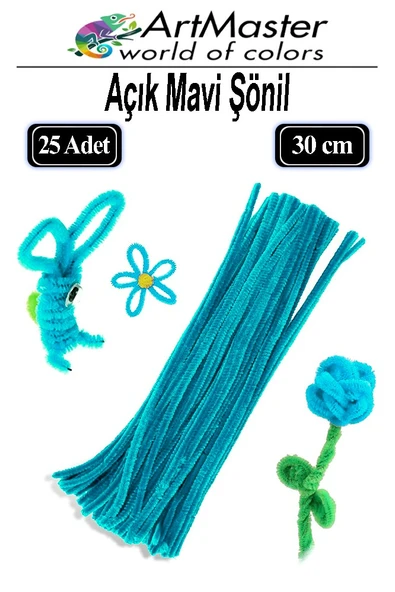 Şönil Açık Mavi 30 cm 25 Li 1 Paket Renkli Tüylü Tel Şönil Pipo Temizleyici Okul Öncesi Anasınıfı Kreş Hobi Eğitici ürün görseli 1