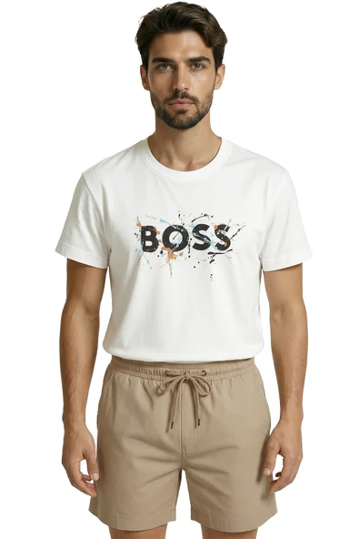 BOSS Yazılı ve Renkli Boya Sıçratma Efektli Tasarım Premium Erkek Tişört ürün görseli 1