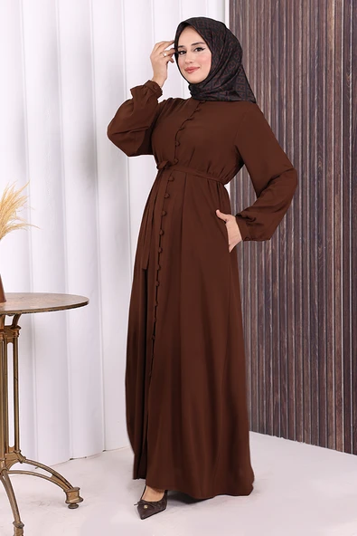 Boydan Düğmeli Ferace 6056 Kahverengi - Resim 4
