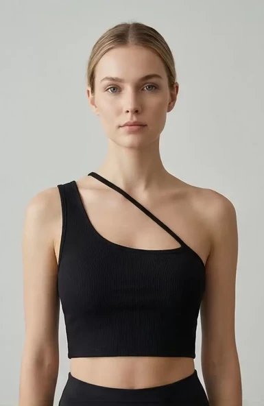 Kadın Siyah Tek Omuzlu Çapraz Askılı Crop Top Büstiyer - Modern ve Şık Tasarım ürün görseli 1