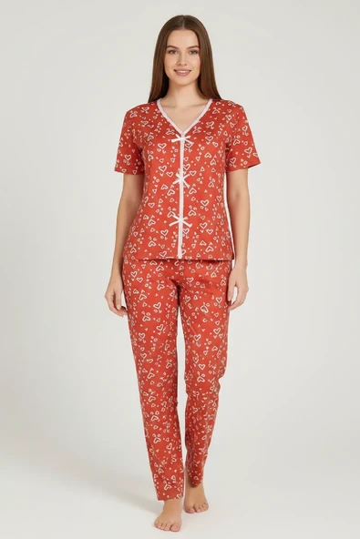 Kadın Turuncu Kalp Desenli Fiyonklu Kısa Kollu Uzun Pijama Takımı ürün görseli 1