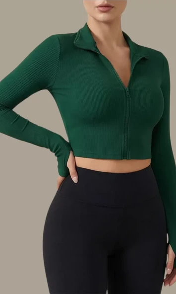 Kadın Yeşil Uzun Kol Fermuarlı Parmak Geçme Detaylı Dik Yaka Crop Top Bluz ürün görseli 1