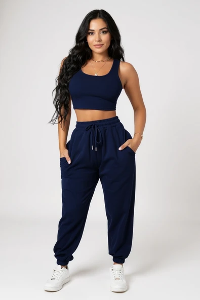 Kadın Lacivert Kaşkorse Cepli Jogger Eşofman Altı ve Crop Top Bluz ürün görseli 1