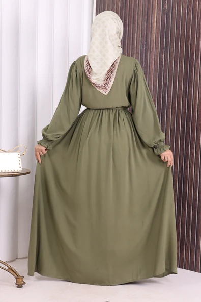 Düğme Detay Elbise 6055 Haki - Resim 5
