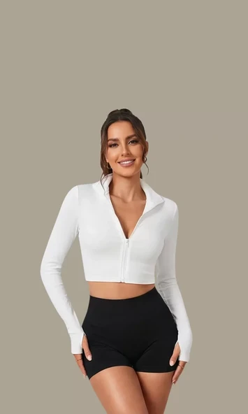 Kadın Beyaz Uzun Kol Fermuarlı Parmak Geçme Detaylı Dik Yaka Crop Top Bluz ürün görseli 1