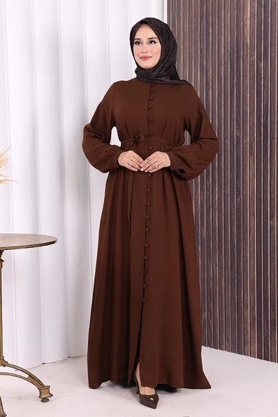 Boydan Düğmeli Ferace 6056 Kahverengi - Resim 2